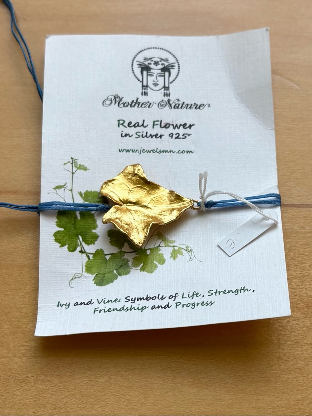 Real Ivy Leaf gold plated in SS 925 with Blue Cord bracelet from Greece.